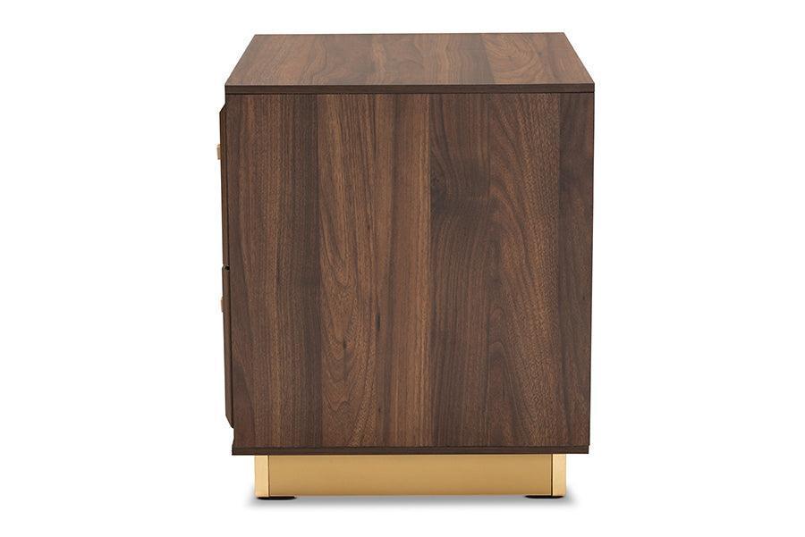 Cormac Mid-Century Modern Transitional Walnut Brown Finished Wood and Gold Metal 2-Drawer Nightstand FredCo