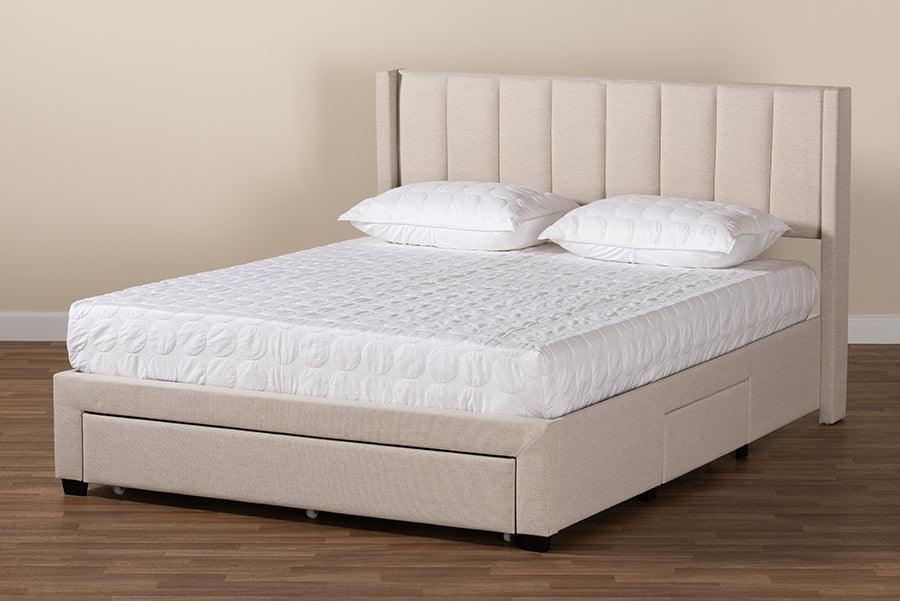 Coronado Mid-Century Modern Transitional Beige Fabric Full Size 3-Drawer Storage Platform Bed FredCo