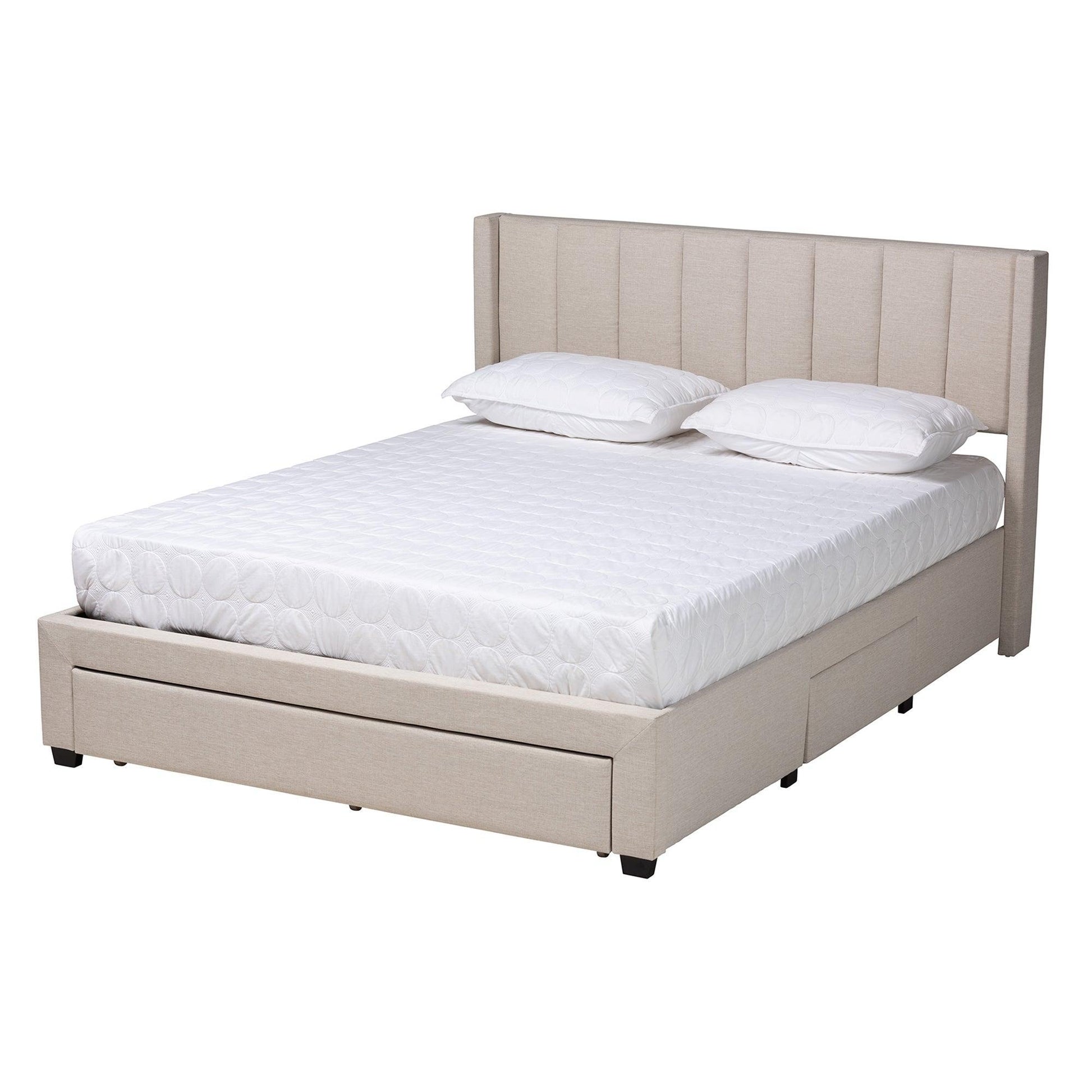 Coronado Mid-Century Modern Transitional Beige Fabric Full Size 3-Drawer Storage Platform Bed FredCo