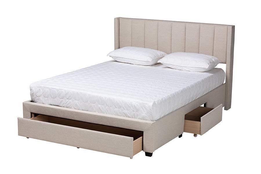 Coronado Mid-Century Modern Transitional Beige Fabric Full Size 3-Drawer Storage Platform Bed FredCo