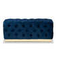 Corrine Glam and Luxe Navy Blue Velvet Fabric Upholstered and Gold PU Leather Ottoman FredCo