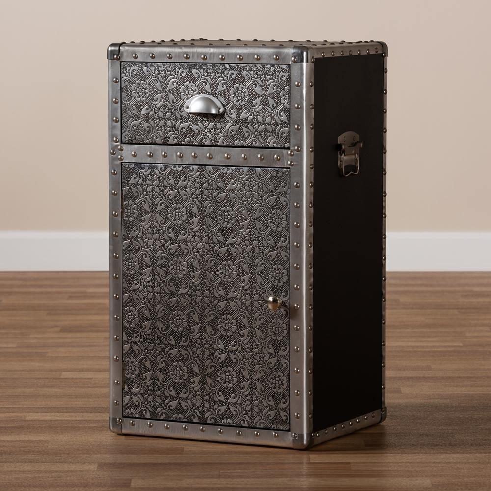 Cosette Vintage Industrial Silver Metal Floral Accent Cabinet FredCo