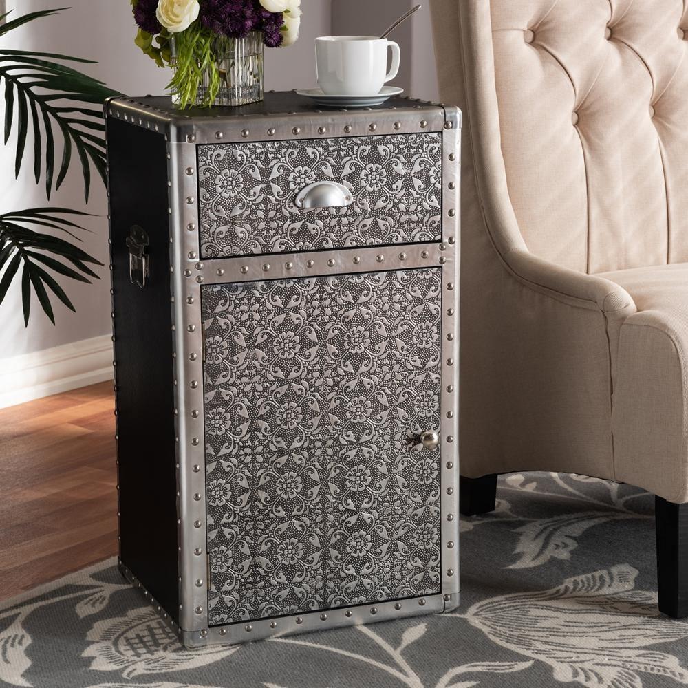 Cosette Vintage Industrial Silver Metal Floral Accent Cabinet FredCo