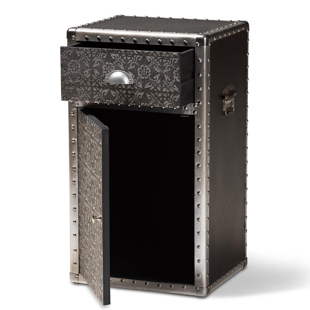 Cosette Vintage Industrial Silver Metal Floral Accent Cabinet FredCo