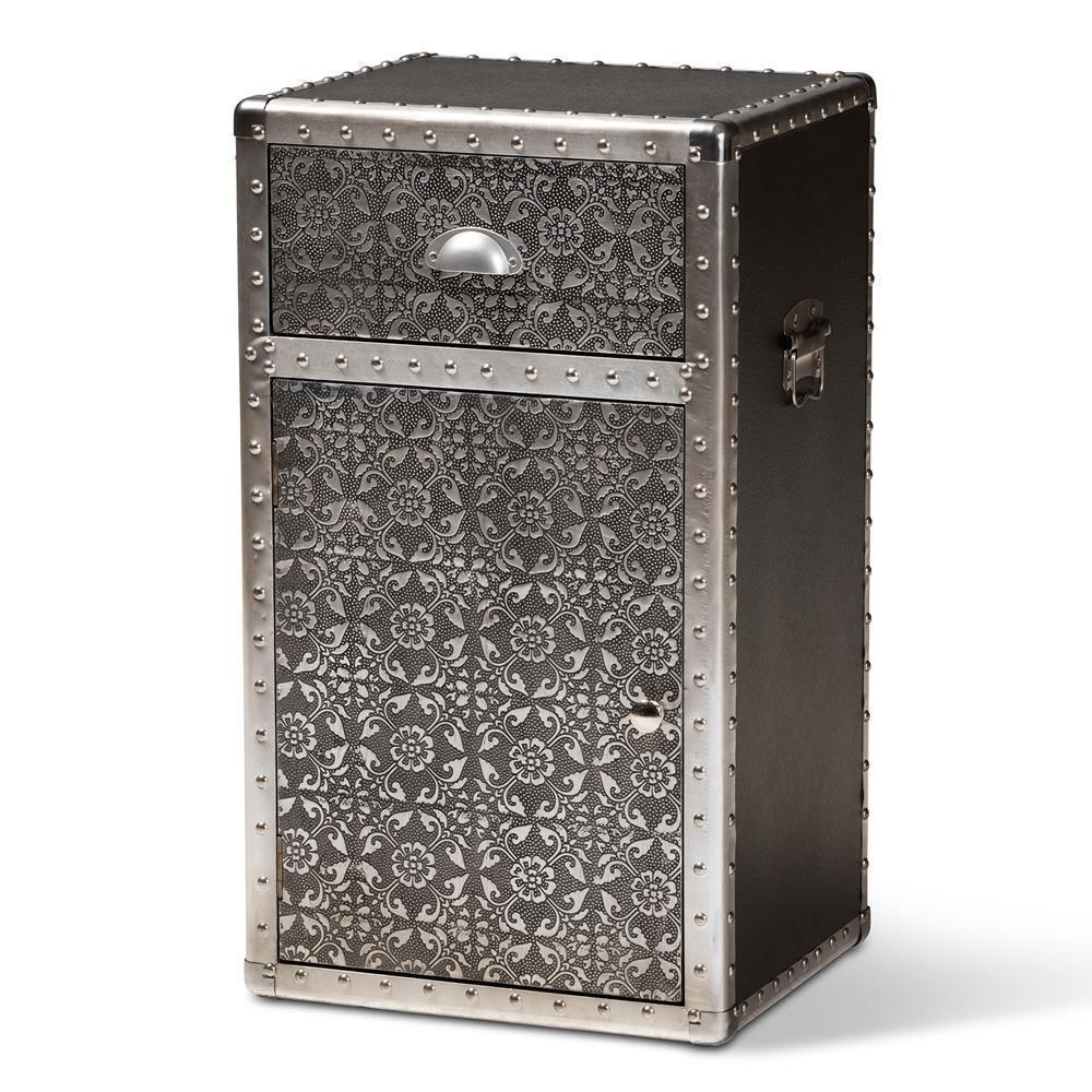 Cosette Vintage Industrial Silver Metal Floral Accent Cabinet FredCo