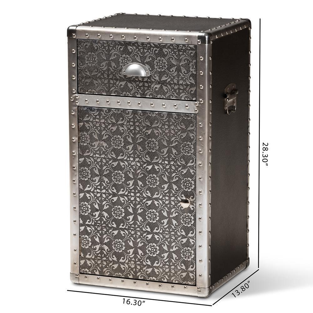 Cosette Vintage Industrial Silver Metal Floral Accent Cabinet FredCo