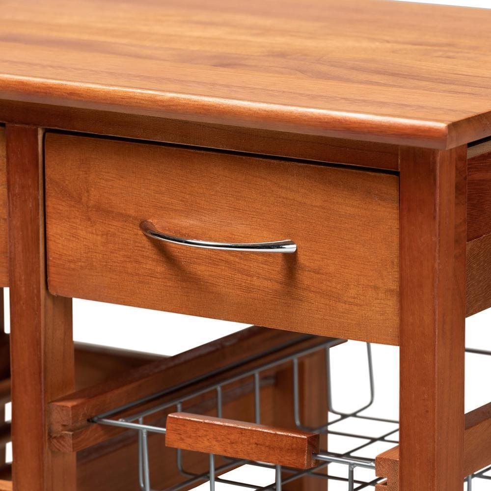 Crayton Modern and Contemporary Oak Brown Finished Wood and Silver-Tone Metal Mobile Kitchen Storage Cart FredCo