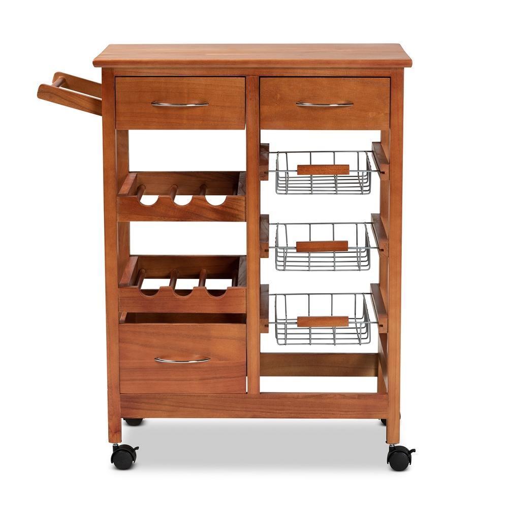 Crayton Modern and Contemporary Oak Brown Finished Wood and Silver-Tone Metal Mobile Kitchen Storage Cart FredCo