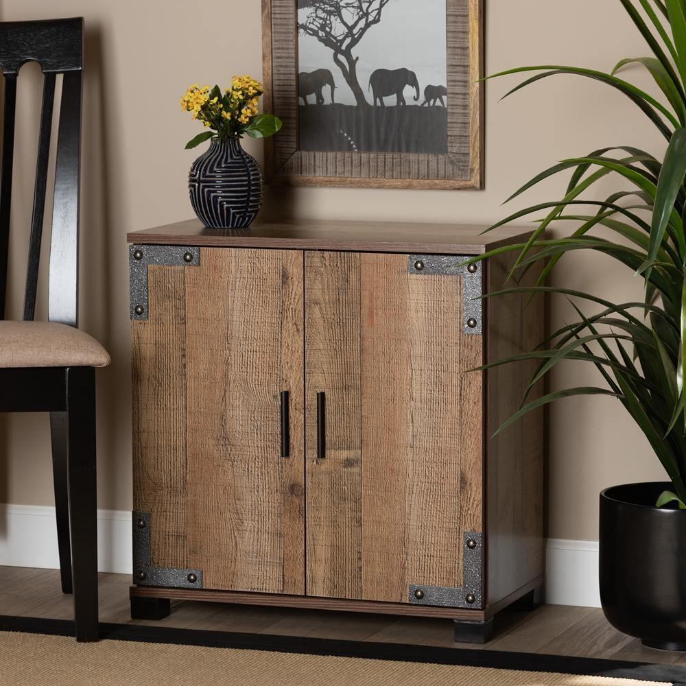 Cyrille Modern and Contemporary Farmhouse Rustic Finished Wood 2-Door Shoe Cabinet FredCo