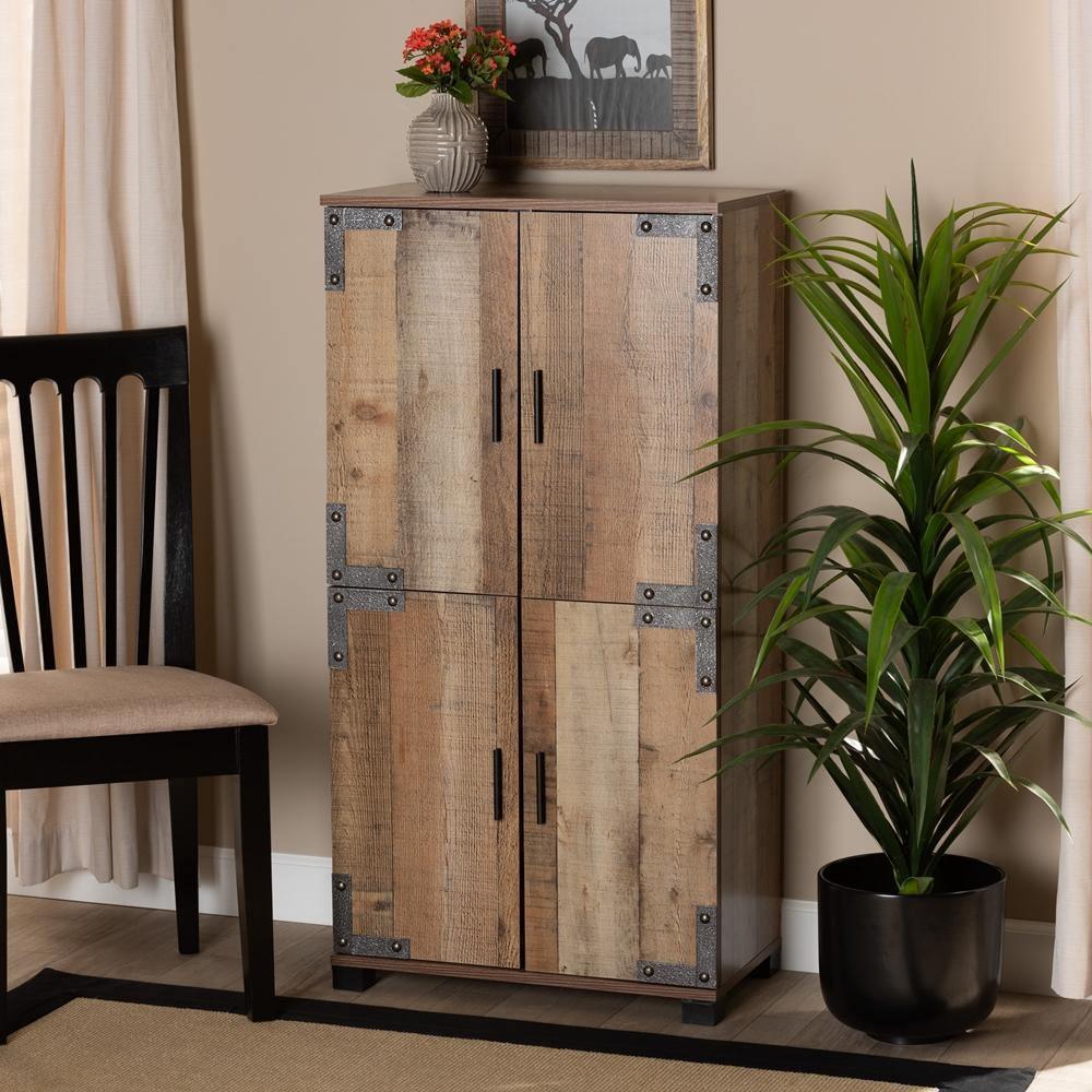 Cyrille Modern and Contemporary Farmhouse Rustic Finished Wood 4-Door Shoe Cabinet FredCo