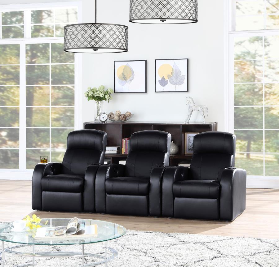 Cyrus Upholstered Recliner Living Room Set Black 600001-S3B Coaster FredCo