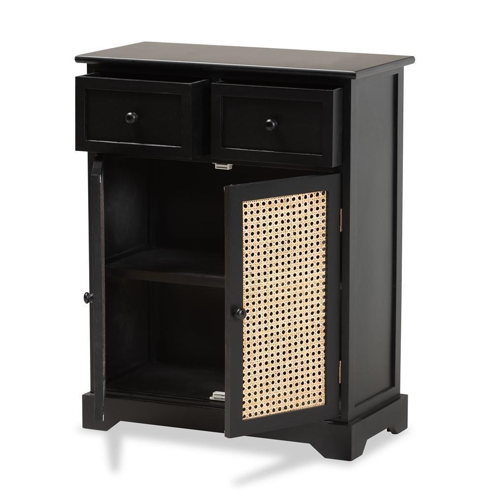 Dacey Mid-Century Modern Transitional Espresso Brown Finished Wood and Rattan 2-Drawer Storage Cabinet FredCo