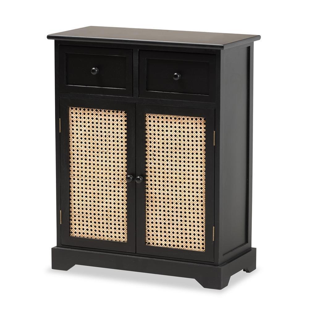 Dacey Mid-Century Modern Transitional Espresso Brown Finished Wood and Rattan 2-Drawer Storage Cabinet FredCo