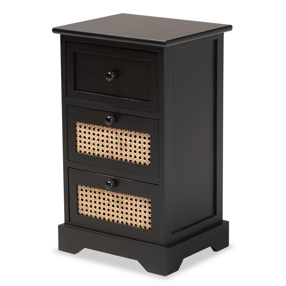 Dacey Mid-Century Modern Transitional Espresso Brown Finished Wood and Rattan 3-Drawer Storage Cabinet FredCo