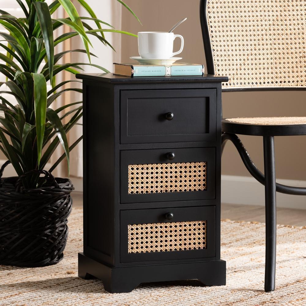 Dacey Mid-Century Modern Transitional Espresso Brown Finished Wood and Rattan 3-Drawer Storage Cabinet FredCo