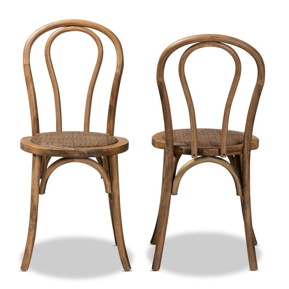 Dacian Mid-Century Modern Brown Woven Rattan and Walnut Brown Wood 2-Piece Dining Chair Set FredCo