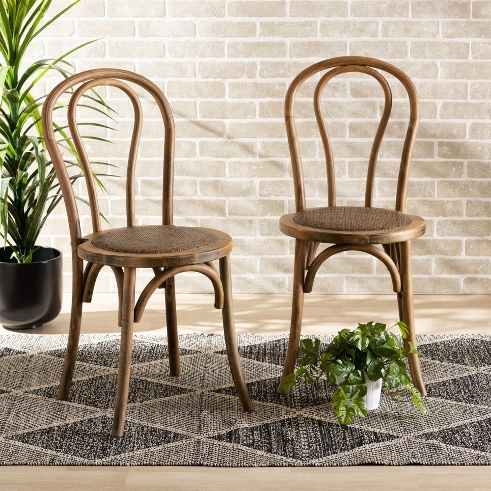 Dacian Mid-Century Modern Brown Woven Rattan and Walnut Brown Wood 2-Piece Dining Chair Set FredCo
