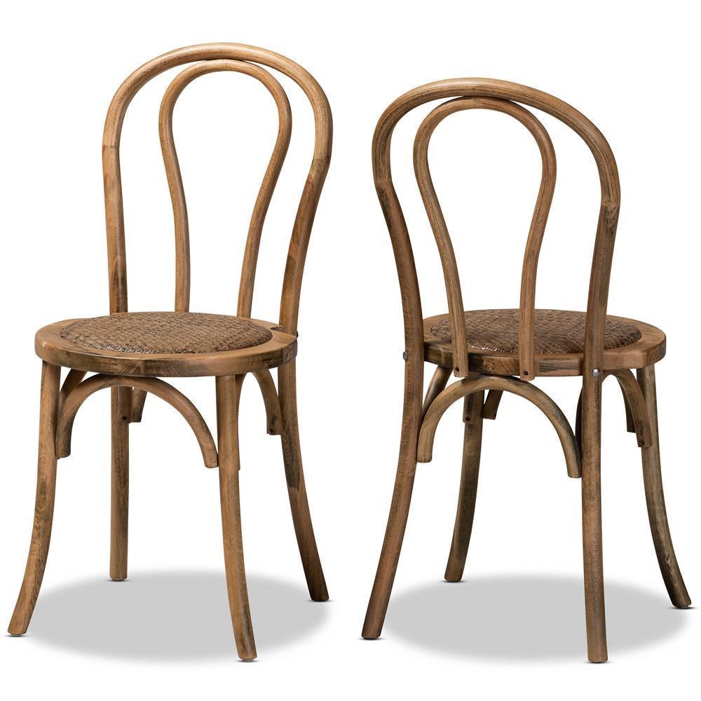 Dacian Mid-Century Modern Brown Woven Rattan and Walnut Brown Wood 2-Piece Dining Chair Set FredCo
