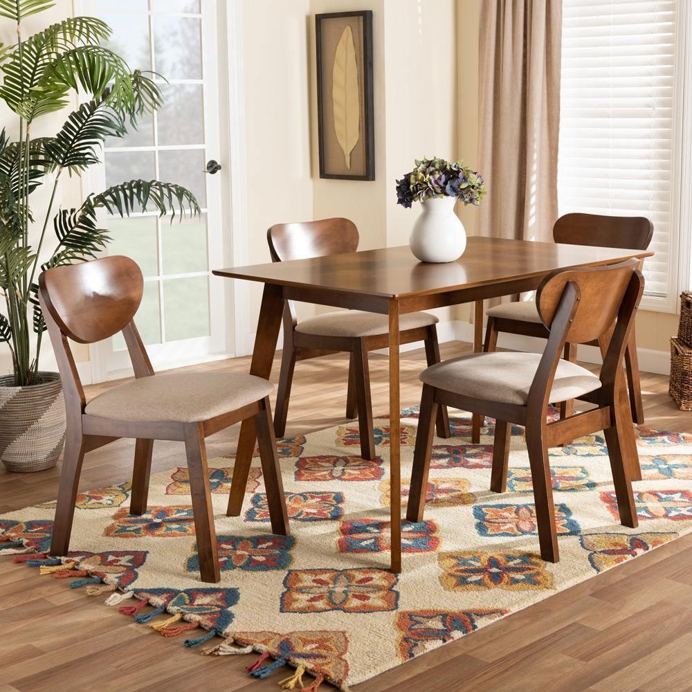 Damara Mid-Century Modern Sand Fabric Upholstered and Walnut Brown Finished Wood 5-Piece Dining Set FredCo