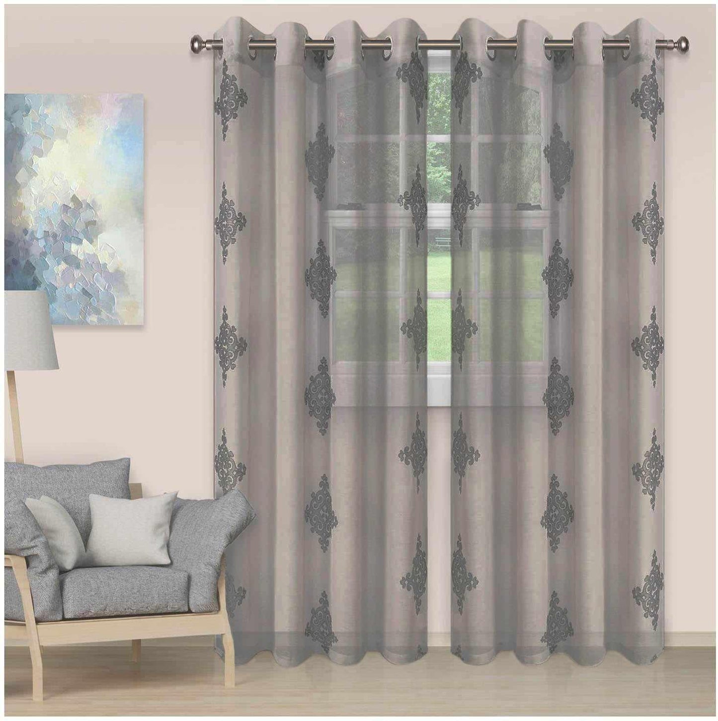 Damask Moroccan Embroidered Sheer Grommet Panel 2-Piece Curtain Set FredCo
