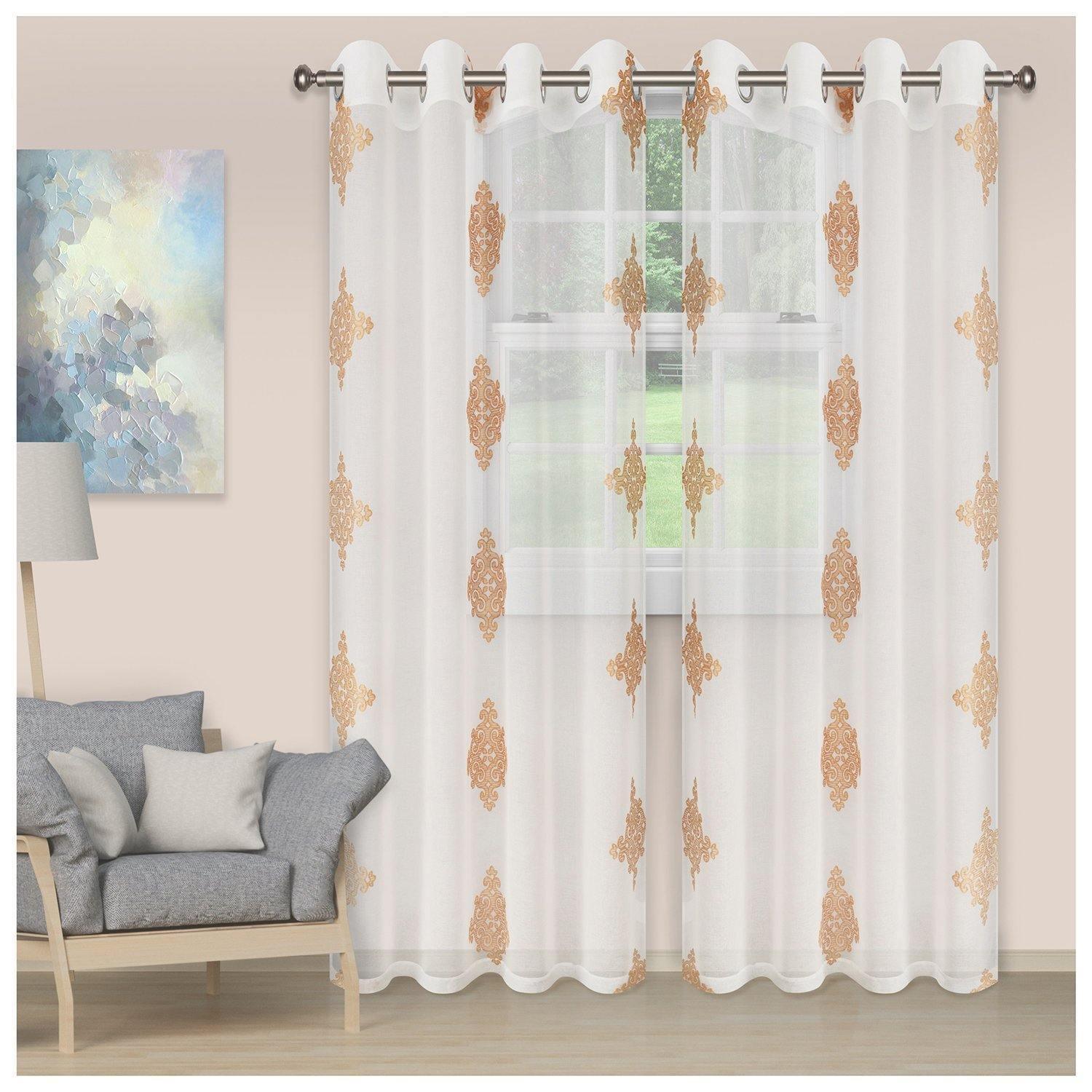 Damask Moroccan Embroidered Sheer Grommet Panel 2-Piece Curtain Set FredCo