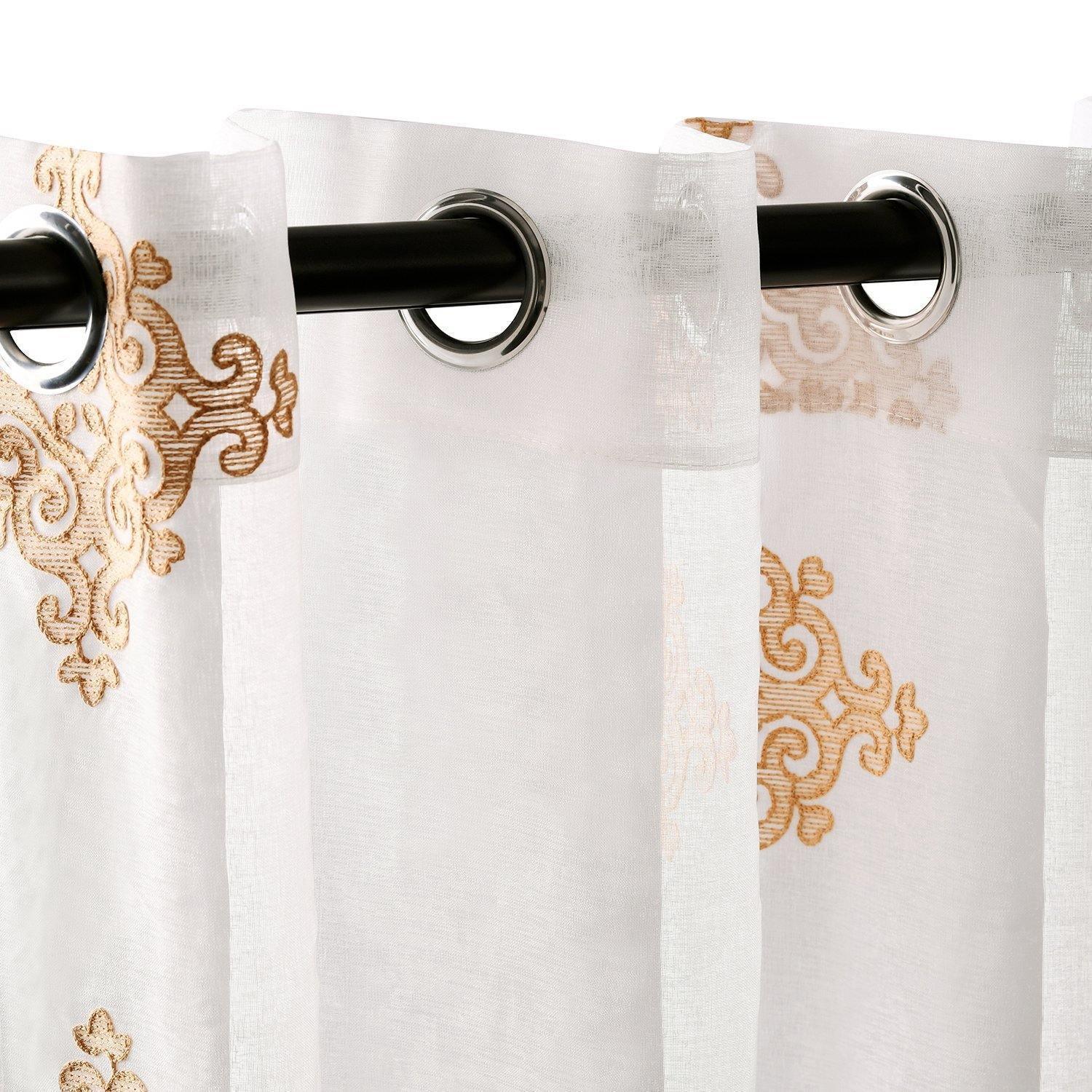 Damask Moroccan Embroidered Sheer Grommet Panel 2-Piece Curtain Set FredCo