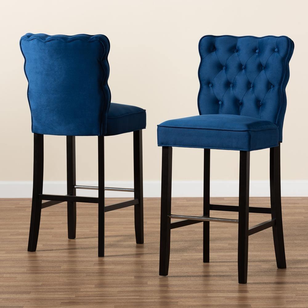 Daphne Modern and Contemporary Navy Blue Velvet Fabric Upholstered and Dark Brown Finished Wood 2-Piece Bar Stool Set FredCo