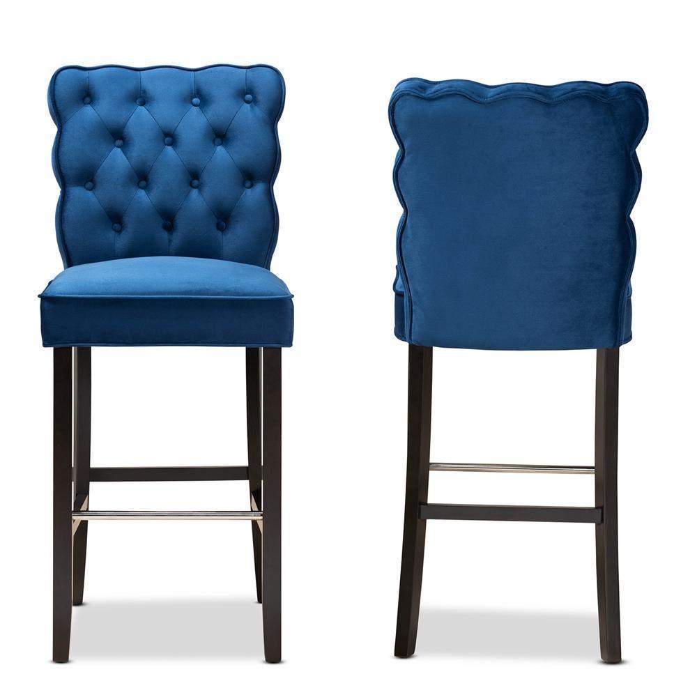 Daphne Modern and Contemporary Navy Blue Velvet Fabric Upholstered and Dark Brown Finished Wood 2-Piece Bar Stool Set FredCo