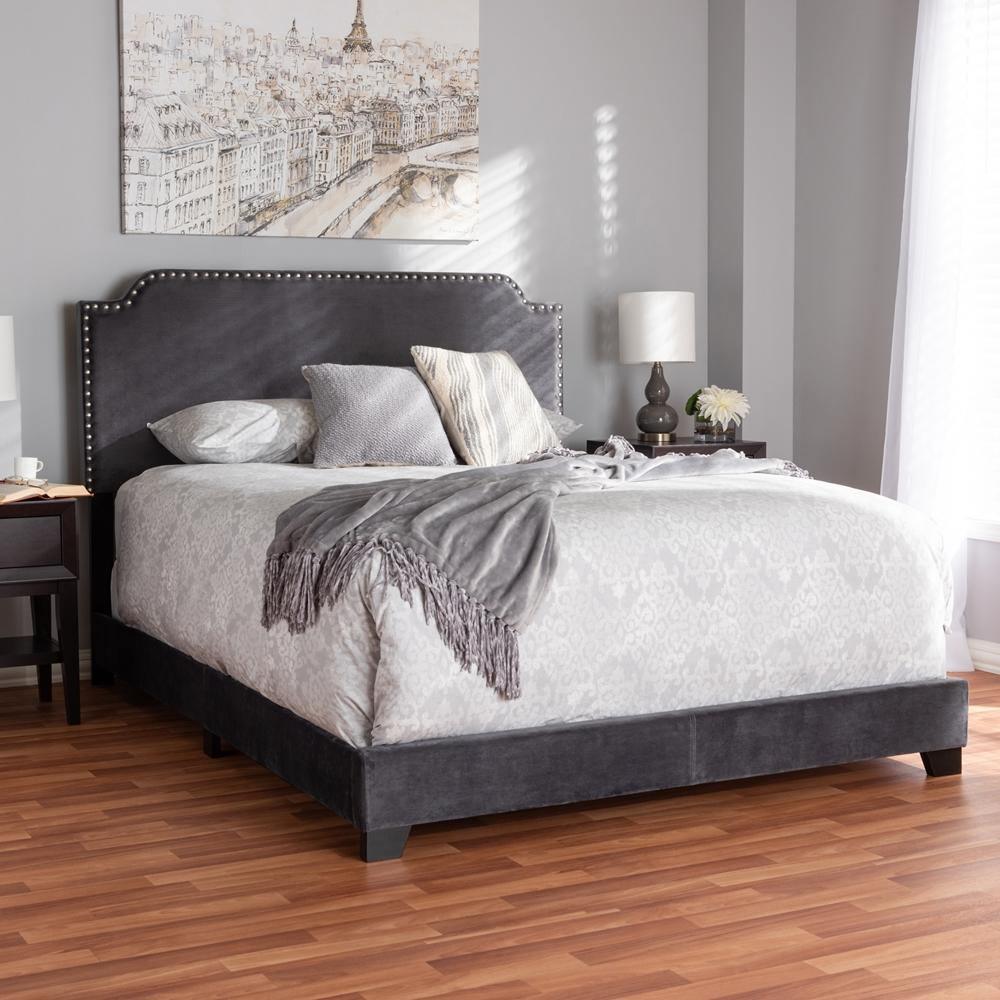 Darcy Luxe and Glamour Dark Grey Velvet Upholstered Full Size Bed FredCo