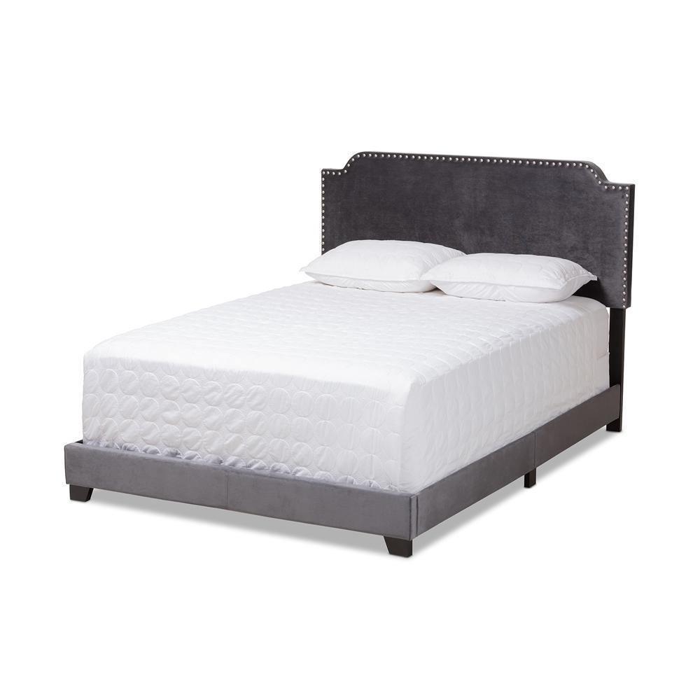 Darcy Luxe and Glamour Dark Grey Velvet Upholstered Queen Size Bed FredCo