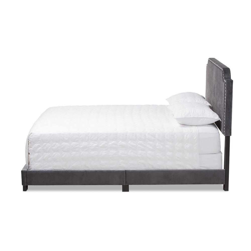 Darcy Luxe and Glamour Dark Grey Velvet Upholstered Queen Size Bed FredCo