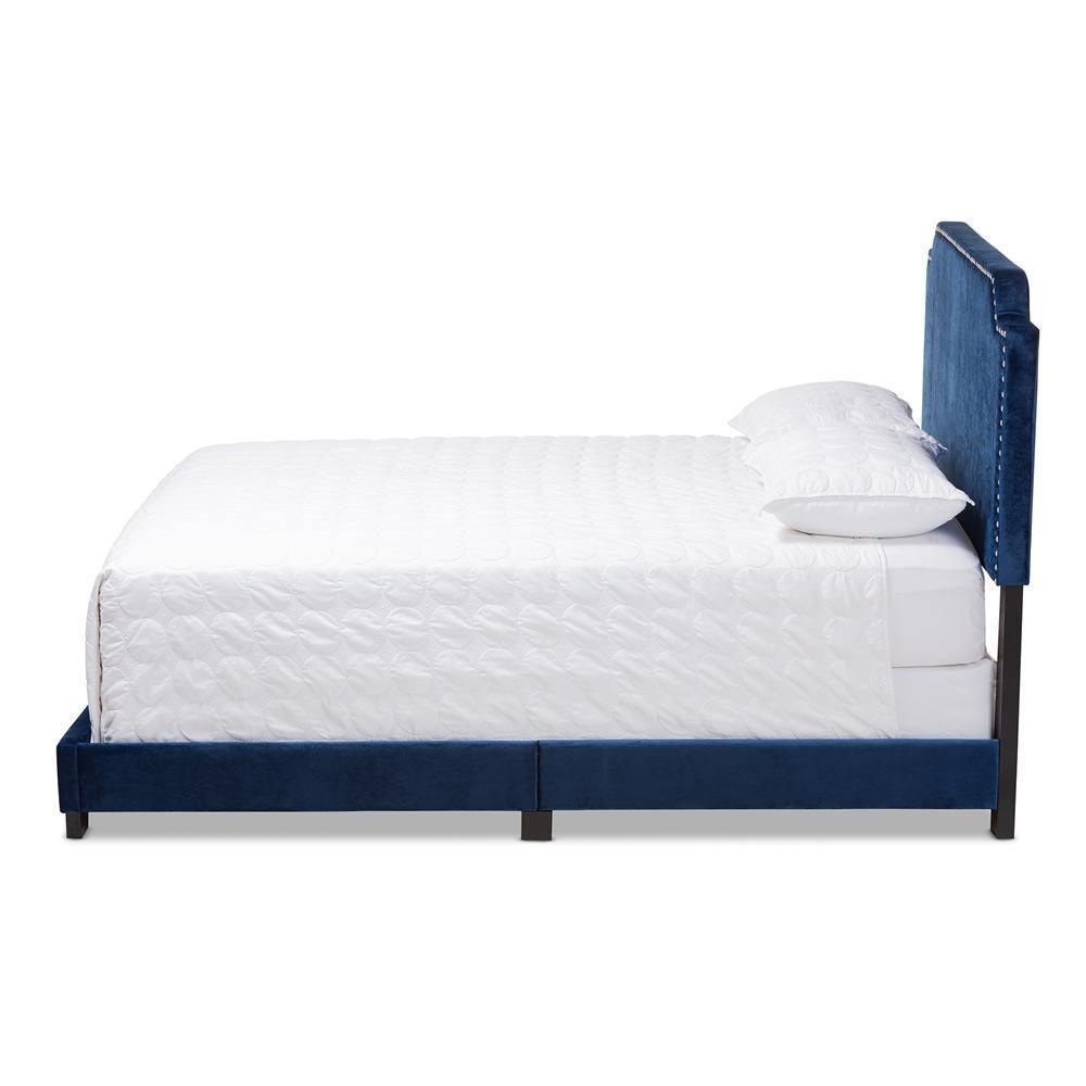 Darcy Luxe and Glamour Navy Velvet Upholstered King Size Bed FredCo