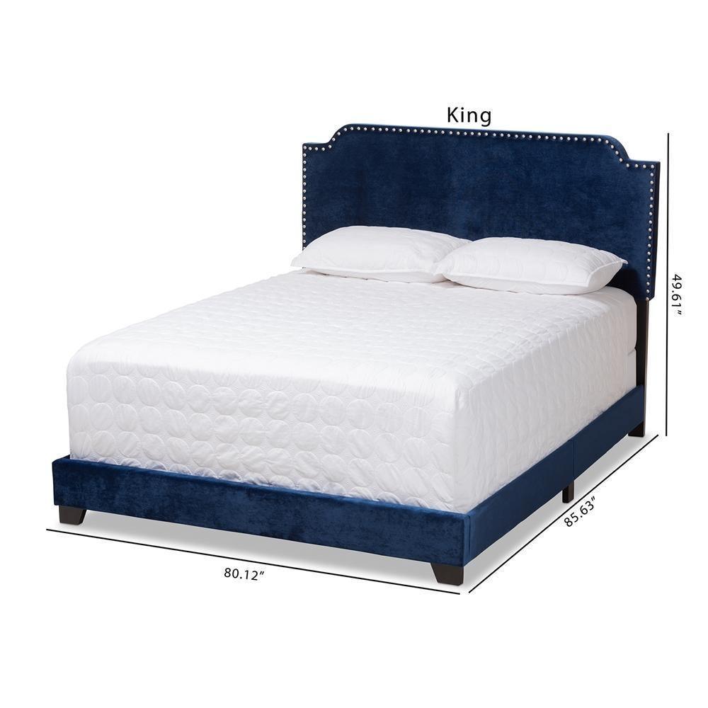 Darcy Luxe and Glamour Navy Velvet Upholstered Queen Size Bed FredCo