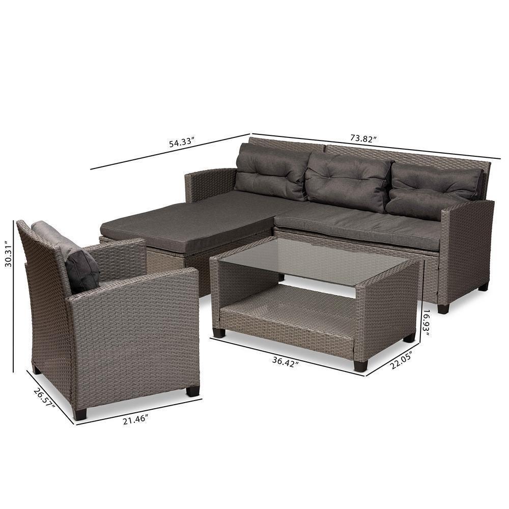 Darian Modern and Contemporary Grey Fabric Upholstered and Grey Synthetic Rattan 4-Piece Patio Set FredCo