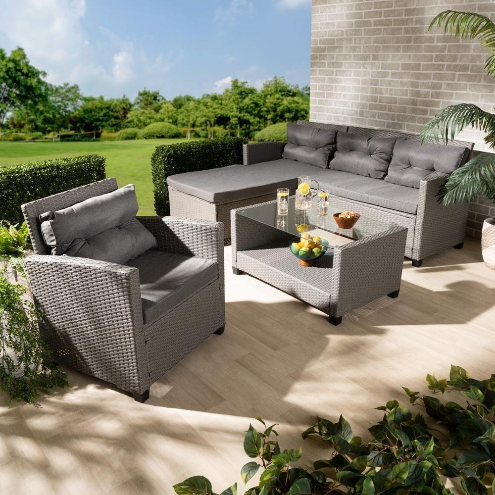 Darian Modern and Contemporary Grey Fabric Upholstered and Grey Synthetic Rattan 4-Piece Patio Set FredCo