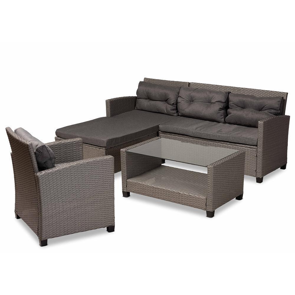 Darian Modern and Contemporary Grey Fabric Upholstered and Grey Synthetic Rattan 4-Piece Patio Set FredCo
