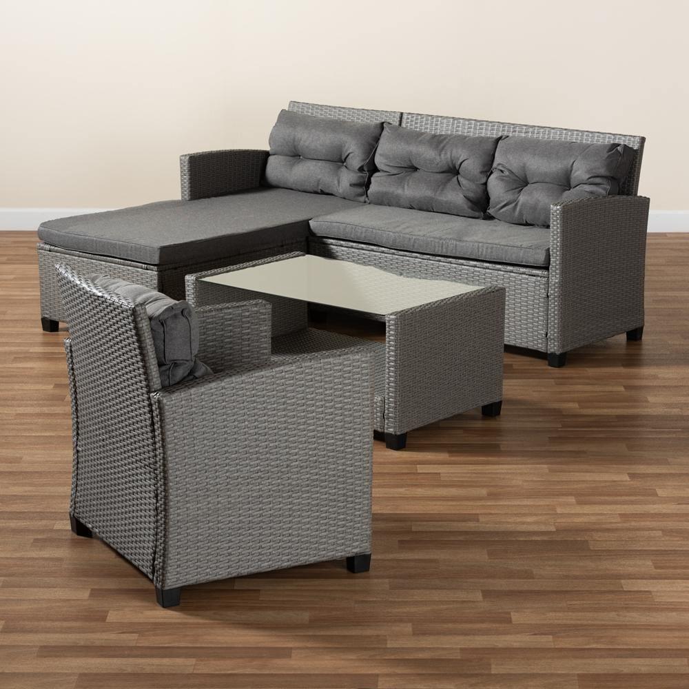 Darian Modern and Contemporary Grey Fabric Upholstered and Grey Synthetic Rattan 4-Piece Patio Set FredCo
