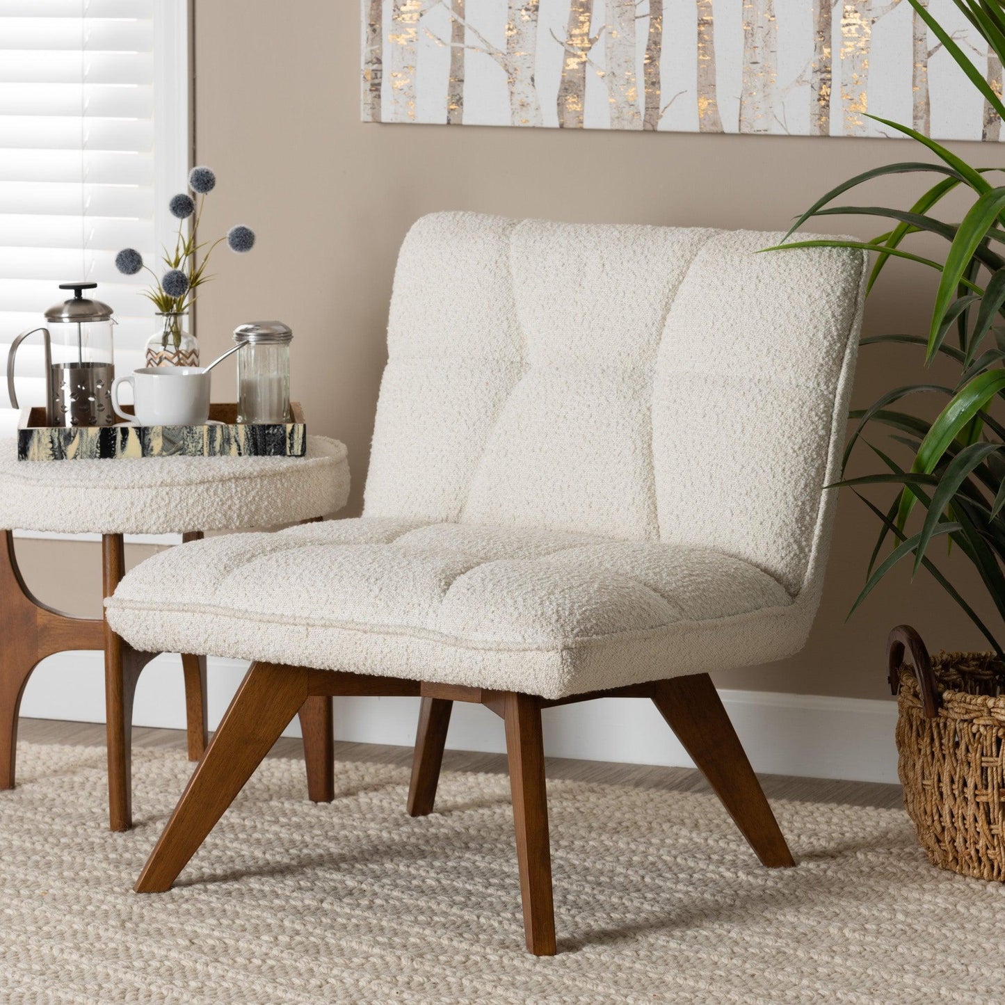 Darielle Japandi Cream Boucle Fabric and Walnut Brown Finished Rubberwood Accent Chair FredCo