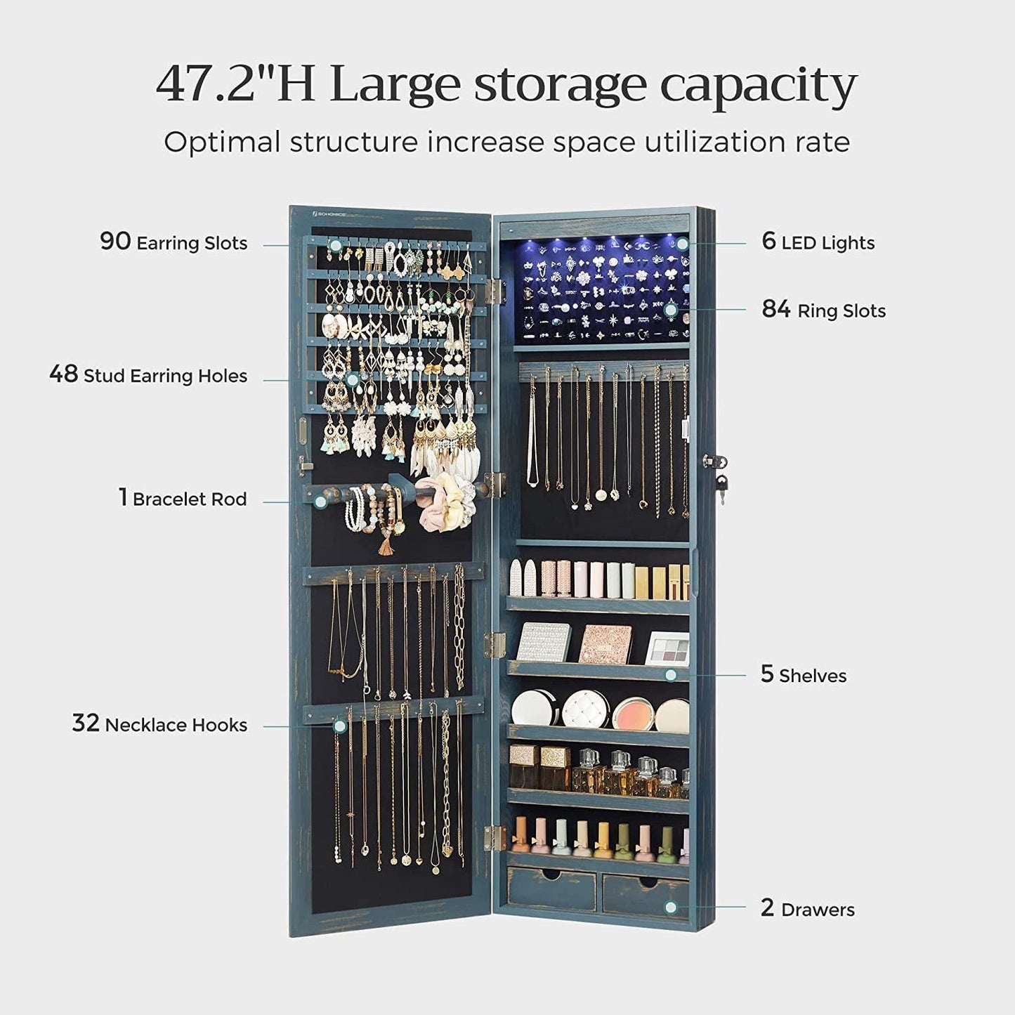 Dark Brown 47.2-Inches Jewelry Cabinet with Lights FredCo
