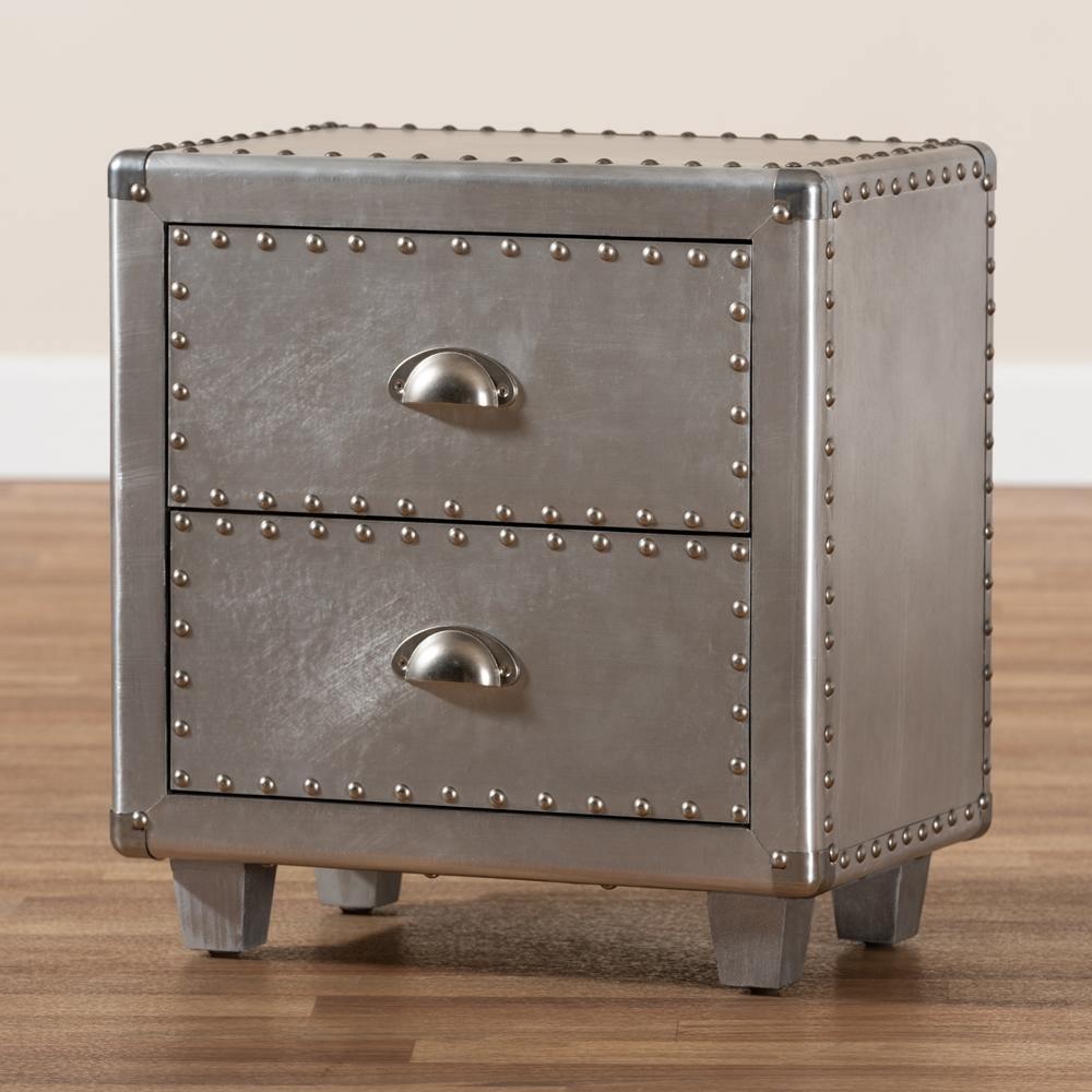 Davet French Industrial Silver Metal 2-Drawer Nightstand FredCo