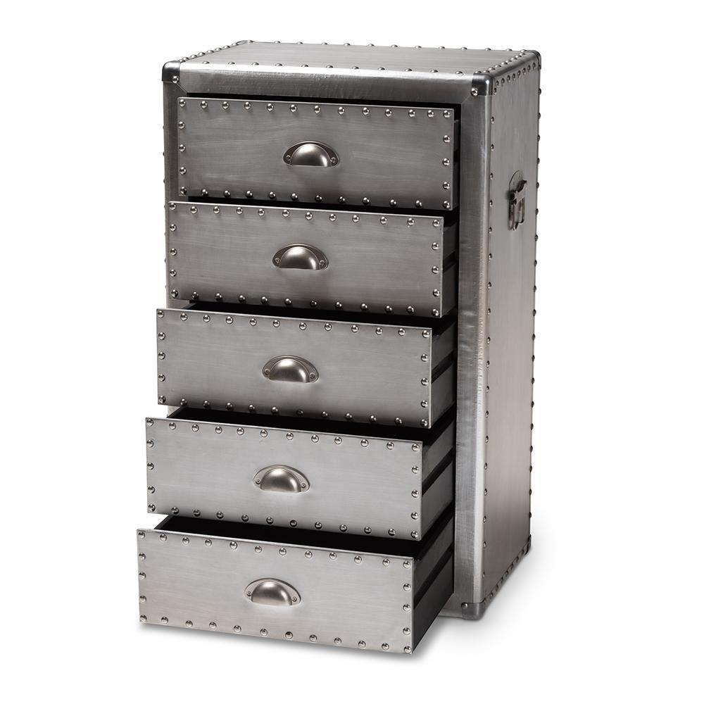 Davet French Industrial Silver Metal 5-Drawer Accent Storage Cabinet FredCo