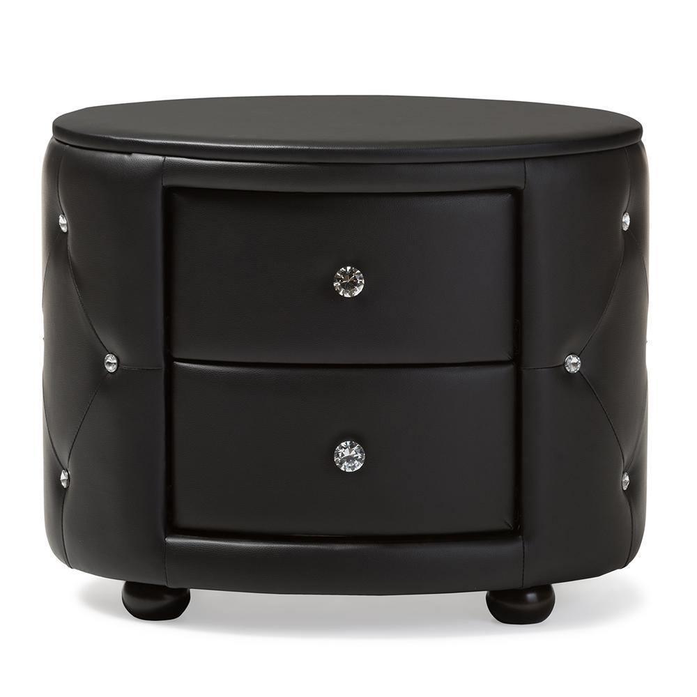 Davina Hollywood Glamour Style Oval 2-drawer Black Faux Leather Upholstered Nightstand FredCo
