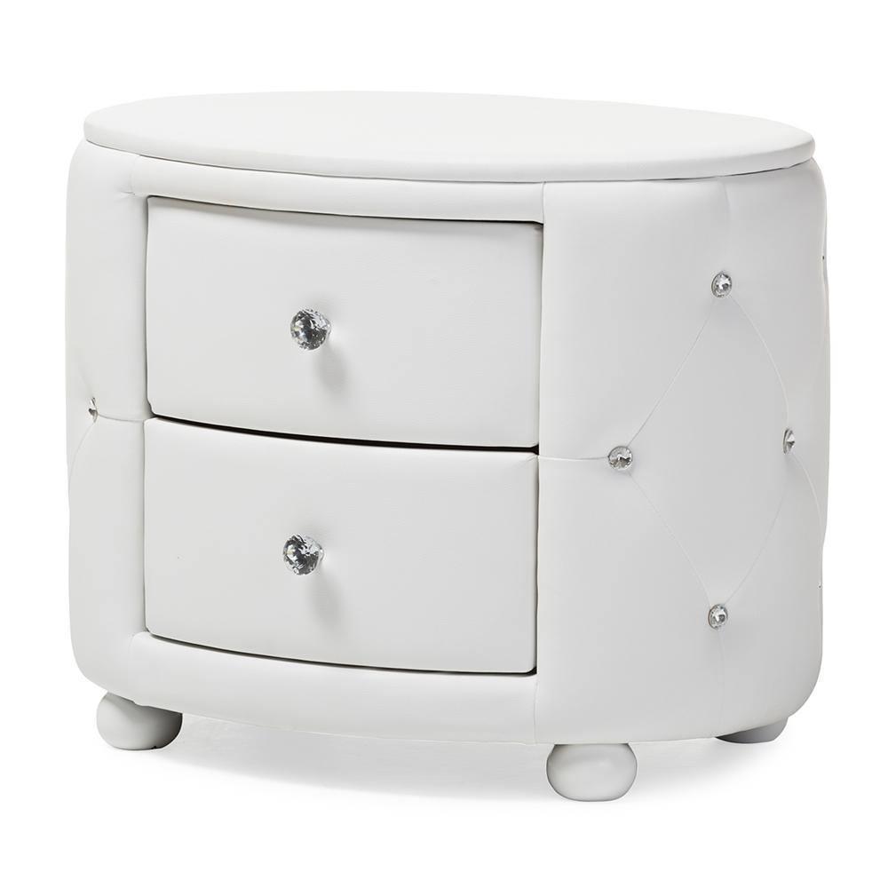 Davina Hollywood Glamour Style Oval 2-drawer White Faux Leather Upholstered Nightstand FredCo
