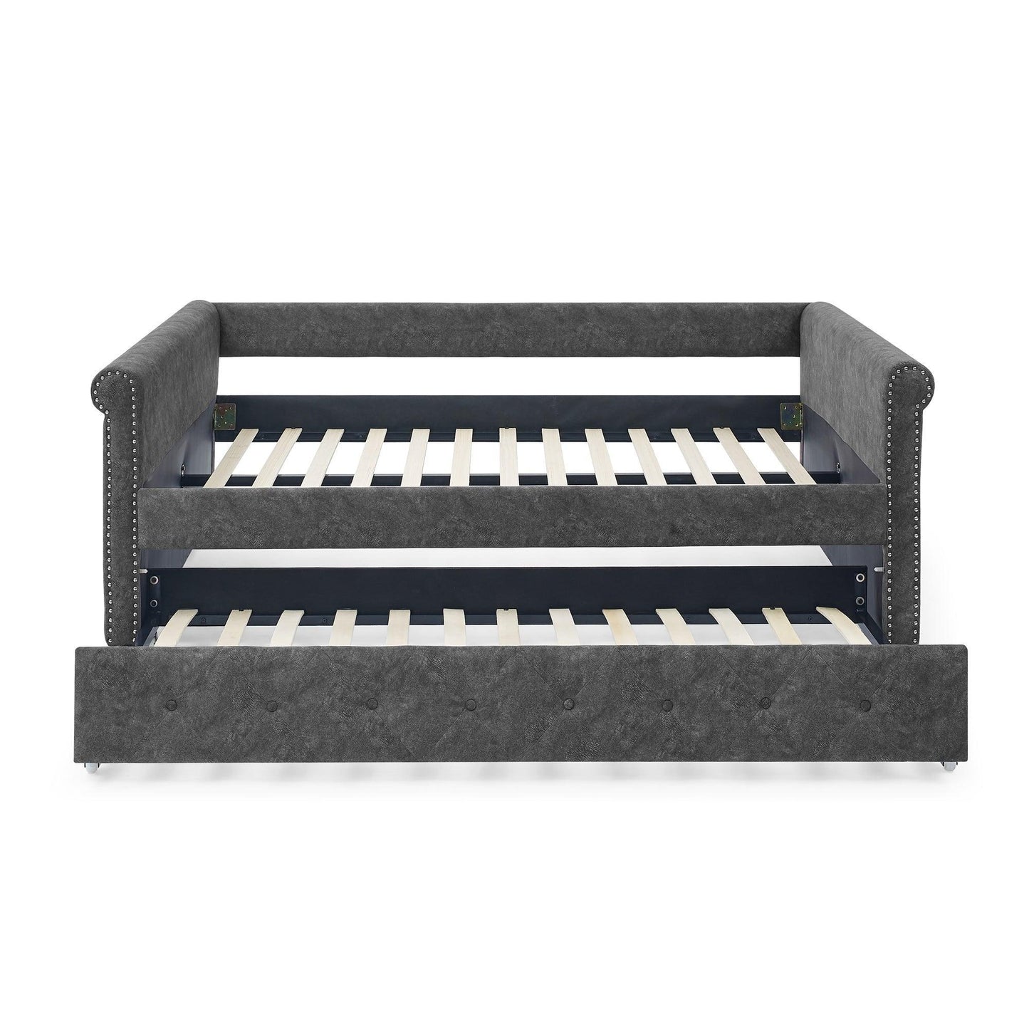 Daybed with Trundle Upholstered Tufted Sofa Bed, with Button and Copper Nail on Arms，Full Daybed & Twin Trundle, Grey W487S00078 FredCo