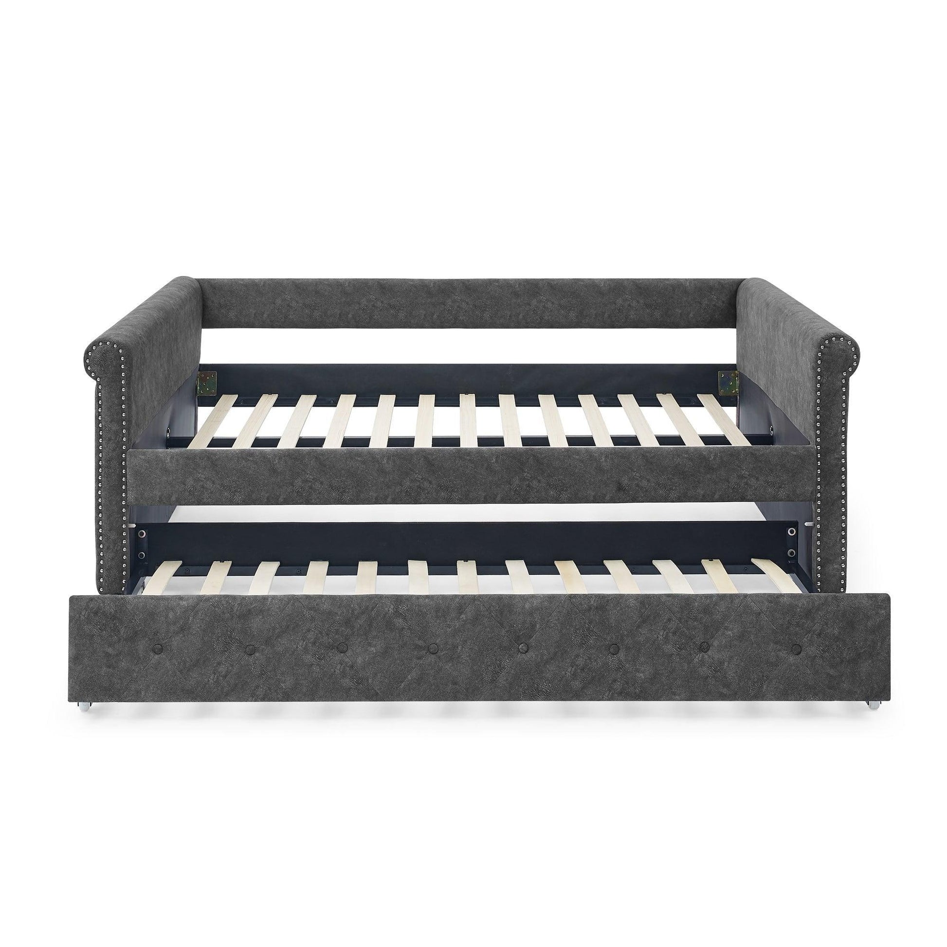 Daybed with Trundle Upholstered Tufted Sofa Bed, with Button and Copper Nail on Arms，Full Daybed & Twin Trundle, Grey W487S00078 FredCo