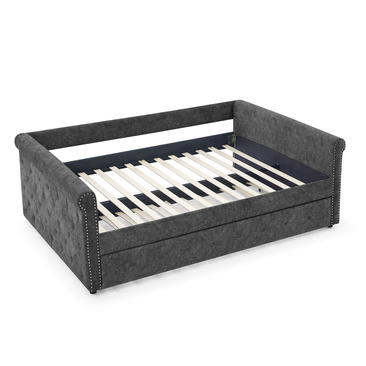 Daybed with Trundle Upholstered Tufted Sofa Bed, with Button and Copper Nail on Arms，Full Daybed & Twin Trundle, Grey W487S00078 FredCo