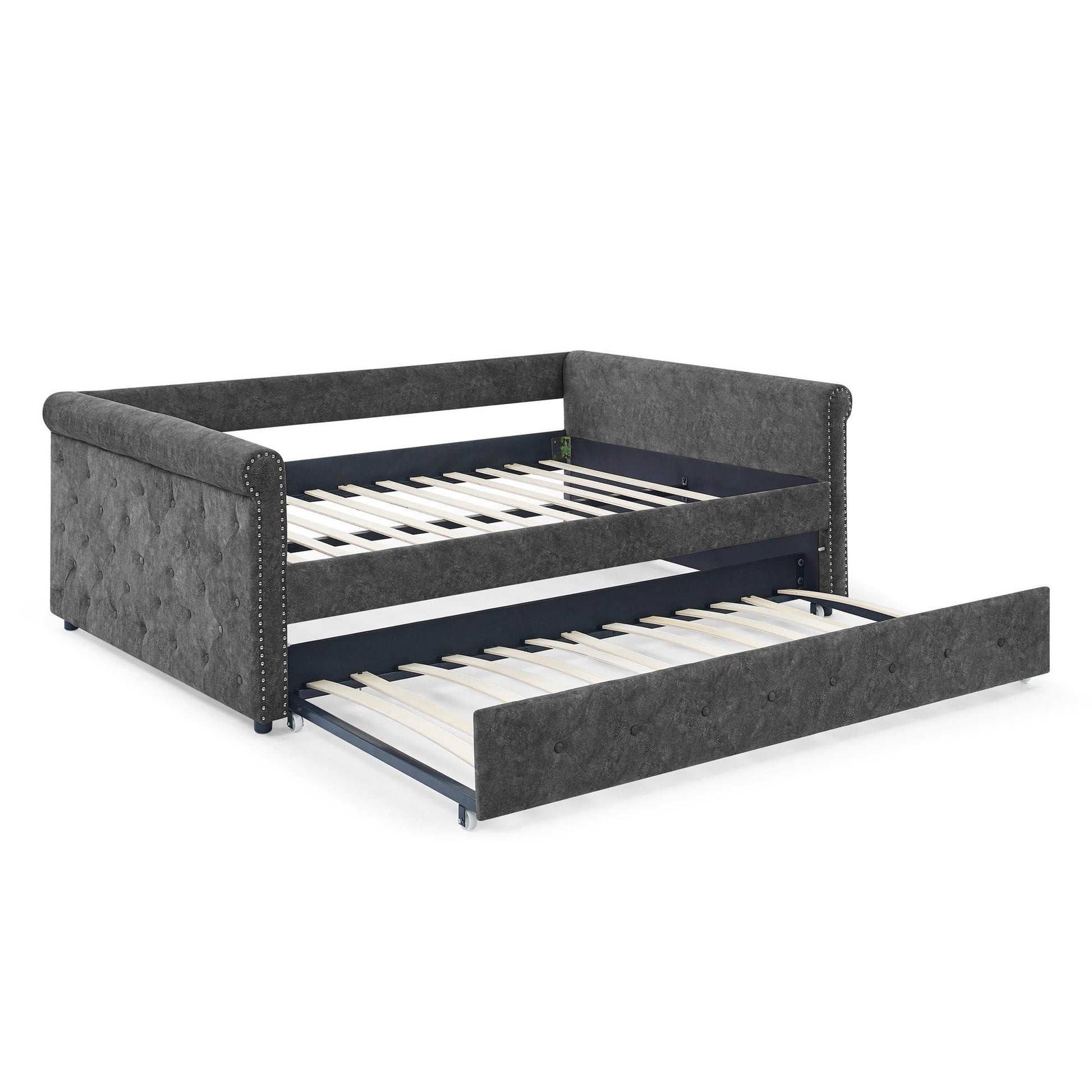 Daybed with Trundle Upholstered Tufted Sofa Bed, with Button and Copper Nail on Arms，Full Daybed & Twin Trundle, Grey W487S00078 FredCo