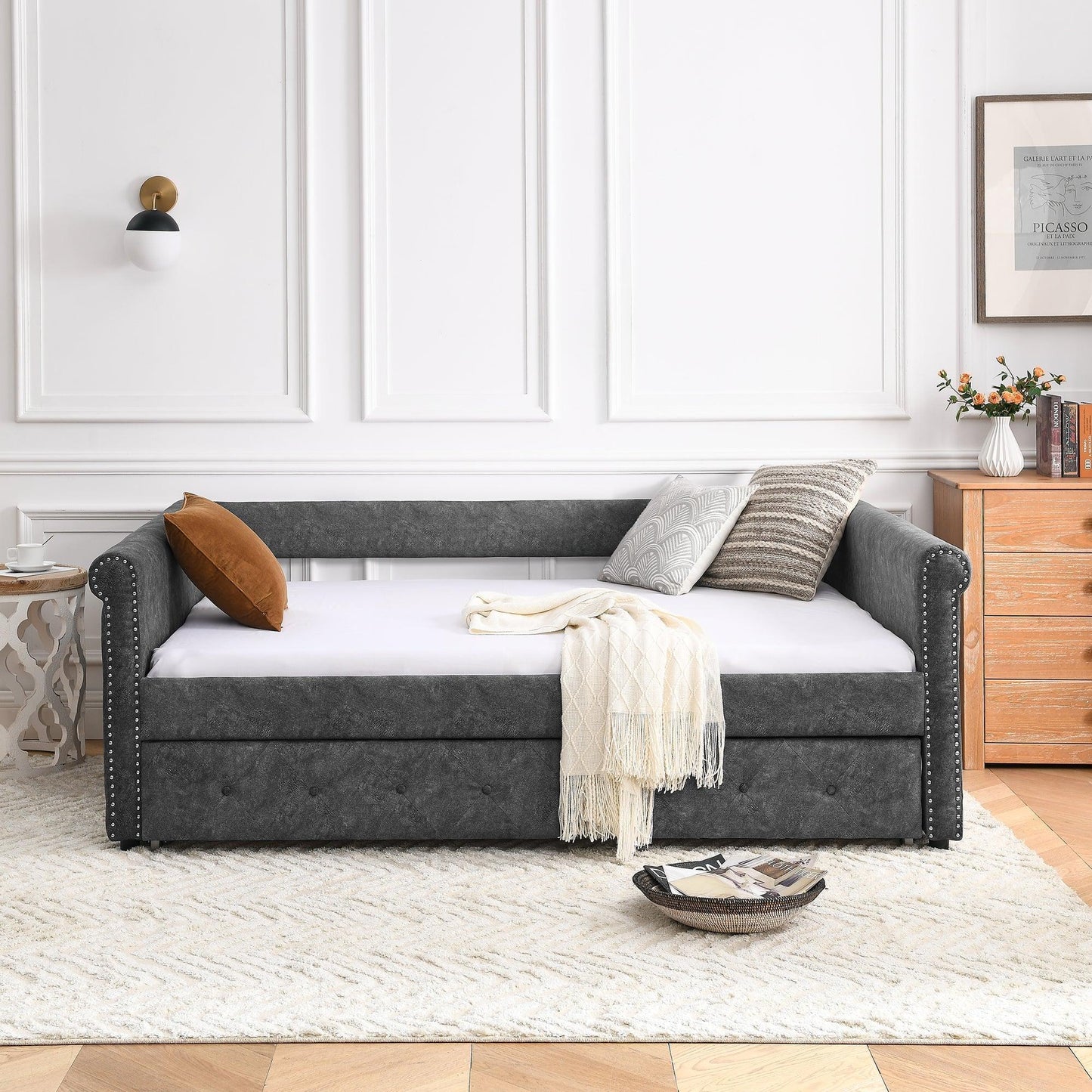 Daybed with Trundle Upholstered Tufted Sofa Bed, with Button and Copper Nail on Arms，Full Daybed & Twin Trundle, Grey W487S00078 FredCo