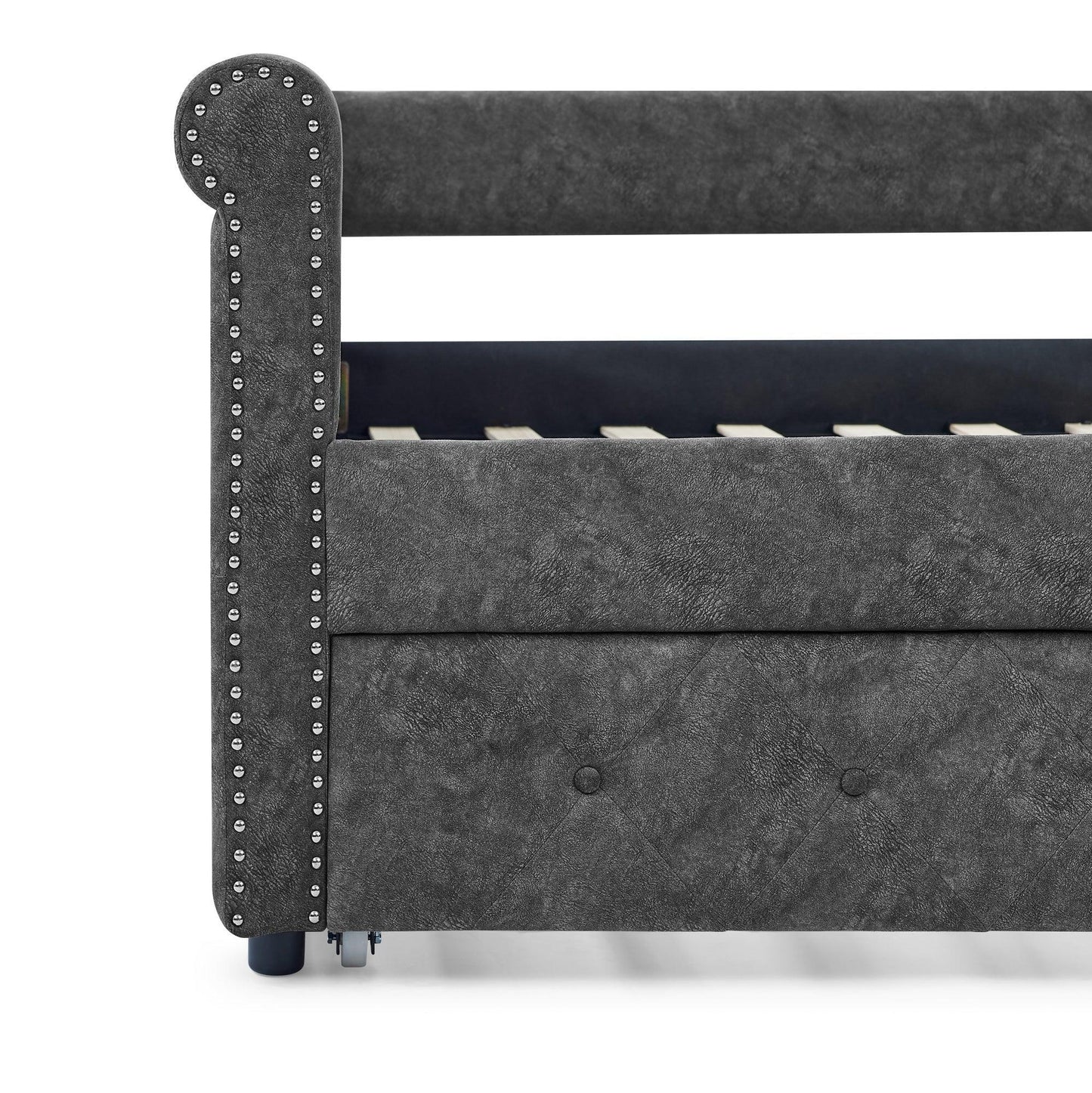 Daybed with Trundle Upholstered Tufted Sofa Bed, with Button and Copper Nail on Arms，Full Daybed & Twin Trundle, Grey W487S00078 FredCo