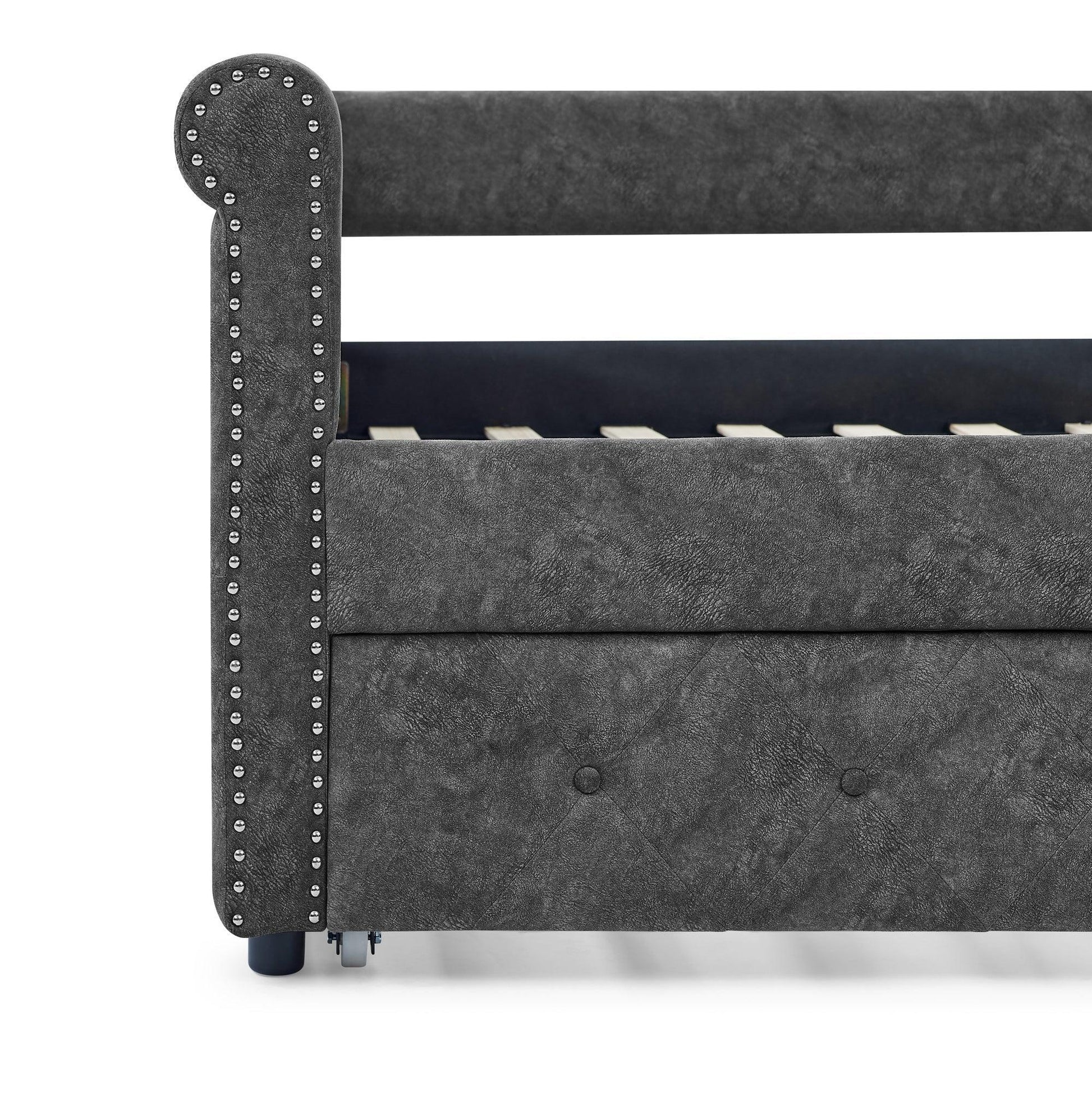 Daybed with Trundle Upholstered Tufted Sofa Bed, with Button and Copper Nail on Arms，Full Daybed & Twin Trundle, Grey W487S00078 FredCo
